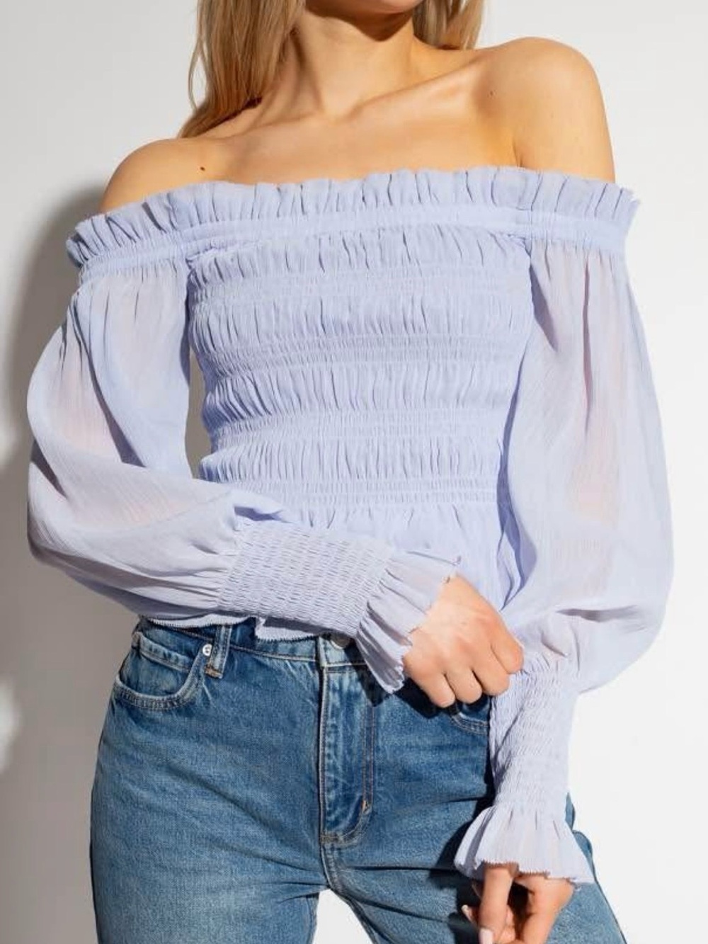 AllSaints Lavender Off-Shoulder Smocked Blouse